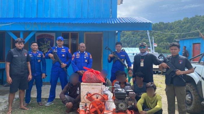 PENANGKAPAN - Barang bukti dan 6 orang nelayan saat diamankan anggota Gakkum Ditpolairud Polda Maluku Utara, Senin (16/6/2025).