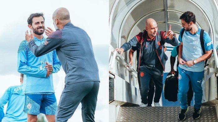 Pelatih Manchester City, Pep Guardiola, dengan sang gelandang, Bernardo Silva.