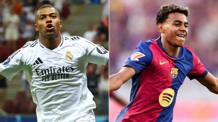Pemain Real Madrid Kylian Mbappe dan pemain Barcelona Lamine Yamal