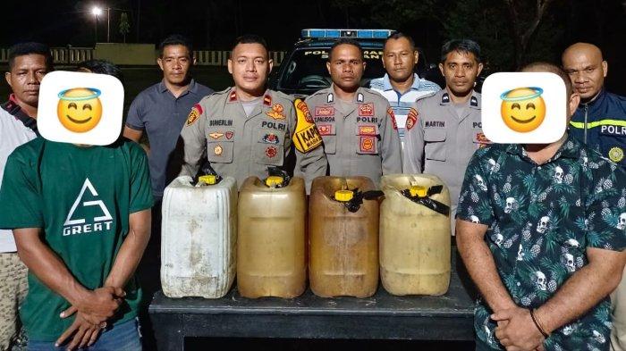 MIRAS: Kapolsek Maba Selatan, Ipda Suherlin (keempat dari kiri) bersama anggota mengamankan dua pelaku dan barang bukti cap tikus, Rabu (17/5/2023).