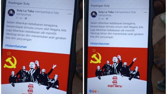 PALU ARIT - Tangkapan layar postingan akun Facebook bernama Suty La Teba. Pemilik akun diamankan Polres Taliabu usai memposting palu arit, Sabtu (8/2/2025).
