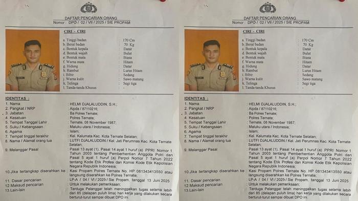 HUKUM: Surat daftar pencarian orang (DPO) atas nama Helmi Djalaluddin, pangkat Aipda yang dikeluarkan Polres Ternate, Maluku Utara, Kamis (31/7/2025)