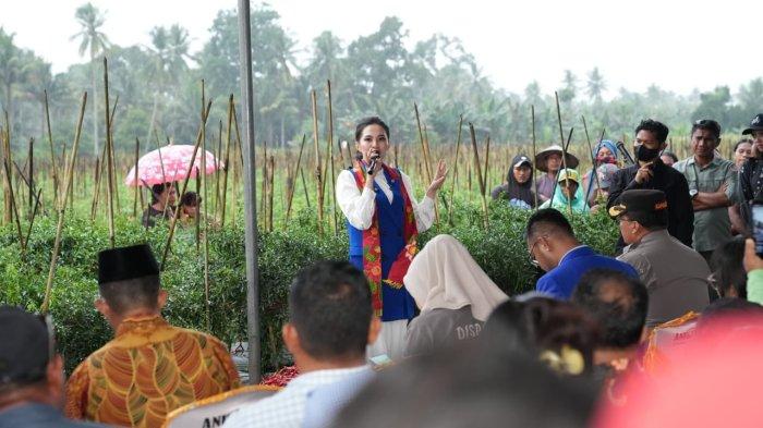 KUNJUNGAN: Gubernur Maluku Utara Sherly Laos memberikan penjelasan kepada tamu undangan saat menghadiri panen raya di Desa Kaliputu, Halmahera Utara