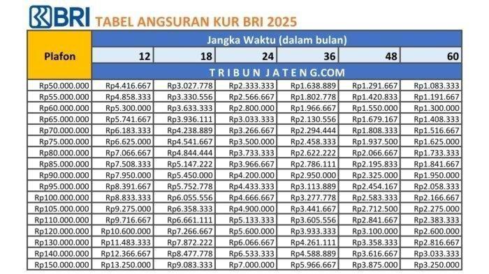 TABEL ANGSURAN - Tabel angsuran KUR BRI untuk peminjaman Rp 50 juta-150 juta.