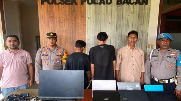 HUKUM: Polsek Pulau Bacan, Halmahera Selatan, Maluku Utara ketika memperlihatkan dua pelaku dan barang bukti dalam pengungkapan kasus pencurian alat elektronik, Rabu (2/7/2025)