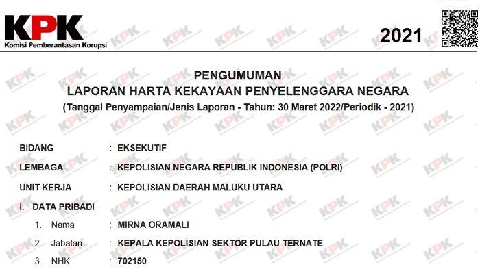 LHKPN - Tangkapan layar LHKPN milik Kapolsek Pelabuhan Ahmad Yani Iptu Mirna Oramali. Ia memiliki harta kekayaan Rp913.026.070, dilansir pada Selasa (15/4/2025).