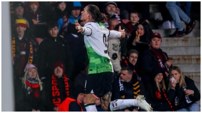 Darwin Nunez saat Liverpool menang telak atas Sparta Prague dengan skor 5-1 dalam leg pertama babak 16 besar Liga Europa, Jumat (8/3/2024) dini hari WIB.