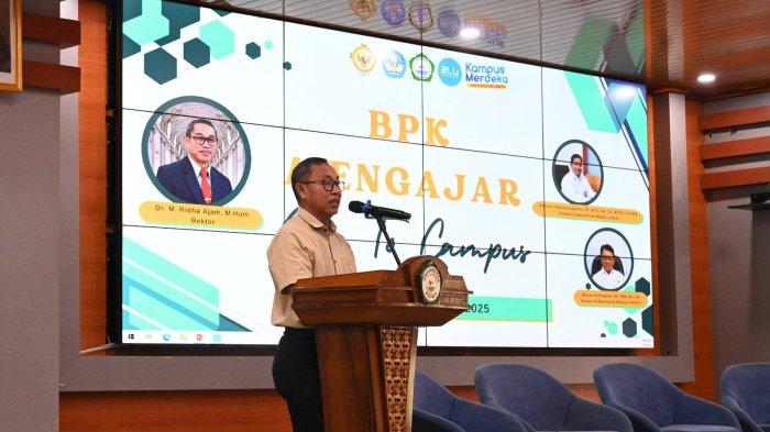 Rektor Unkhair Dr. M Ridha Ajam, ketika memberikan sambutan sekaligus membuka Acara BPK-RI Goes To Champus, Rabu (8/1/2025).