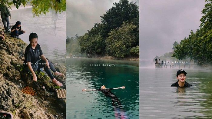 PANTAI TAWA - Kolase foto Sherly Laos berendam di Pantai Air Panas Tawa, Kecamatan Bacan Timur, Kabupaten Halmahera Selatan, Maluku Utara. Tangkapan layar dari unggahan video di instagram @s_tjo, Kamis (3/7/2025).