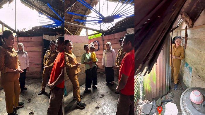 RASA BERSALAH - Sherly Laos saat turun melihat rumah salah satu warga penerima bantuan renovasi Rumah Tidak Layak Huni (RTLH). Kolase tangkapan layar dari instagram @s_tjo, Kamis (10/7/2025). Ketika melihat kondisi rumah salah satu warganya itu, Sherly Laos mengaku bukan kasihan, melainkan merasa bersalah sebagai pemimpin.