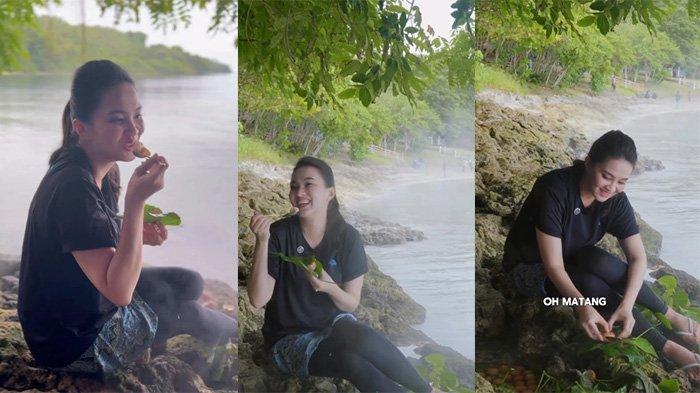PANTAI AIR PANAS - Kolase Sherly Laos saat rebus telur di Pantai Air Panas Tawa, Halmahera Selatan, Maluku Utara. Tangkapan layar dari unggahan video instagram @s_tjo, Jumat (4/7/2025).