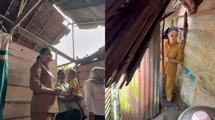 PROGRAM - Sherly Laos saat turun melihat rumah salah satu warga penerima bantuan renovasi Rumah Tidak Layak Huni (RTLH). Kolase tangkapan layar dari instagram @s_tjo, Kamis (10/7/2025).