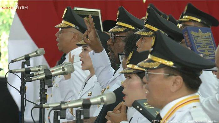 PELANTIKAN SHERLY LAOS - Potret momen saat Gubernur Maluku Utara Sherly Laos mengucap sumpah jabatan di barisan terdepan bersama perwakilan Kepala Daerah lainnya, Kamis (20/2/2025).