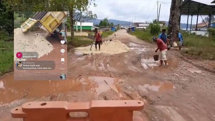 PEDULI: Terlihat sejumlah warga memperbaiki jalan menuju Pelabuhan Tamping di Desa Talo, Taliabu Barat, Maluku Utara, Minggu (27/7/2025)
