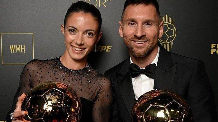 Peraih penghagraan Ballon d'Or 2023, Lionel Messi, bersama pemenang Ballon d'Or kategori pesepakbola putri, Aitana Bonmati.