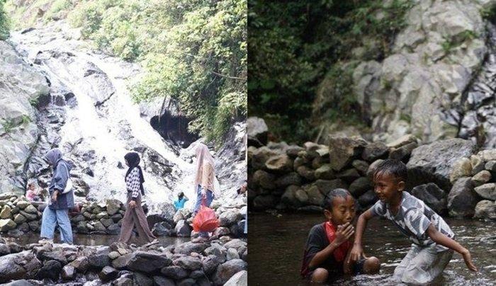 Pengunjung menikmati Air Terjun Wadung Kecemplung, Kecamatan Batealit, Kabupaten Jepara, Jateng.