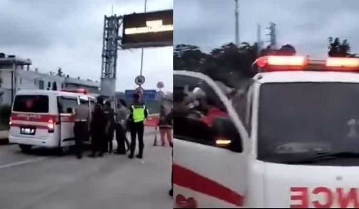 Viral di media sosial yang memperlihatkan polisi menghentikan sebuah ambulans di exit tol Parungkuda, Kabupaten Sukabumi, Jawa Barat, usai berkendara ugal-ugalan melawan arus one way Tol Bocimi pada masa arus balik Lebaran 2024, Senin (15/4/2024).