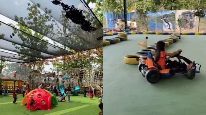 Anak-anak bermain wahana di Wisata Jati Ombo Kecamatan Parung Panjang, Kabupaten Bogor, Jawa Barat.
