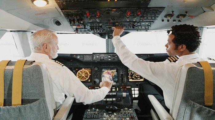 Ilustrasi pilot dan kopilot berjanggut dan tidak berjanggut.