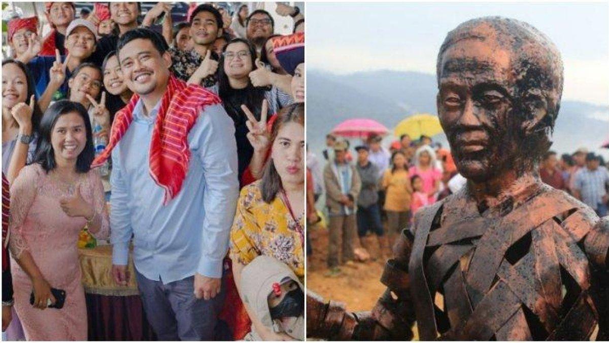 (Kiri) Bobby Nasution saat menghadiri acara peletakan batu pertama pembangunan monumen Juma Jokowi di Karo dan (Kanan) Penampakan monumen Jokowi yang viral jadi sorotan