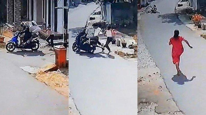 Kolase bidik layar video rekaman CCTV detik-detik bocah SD menggagalkan penjambretan, Jumat (20/10/2023).