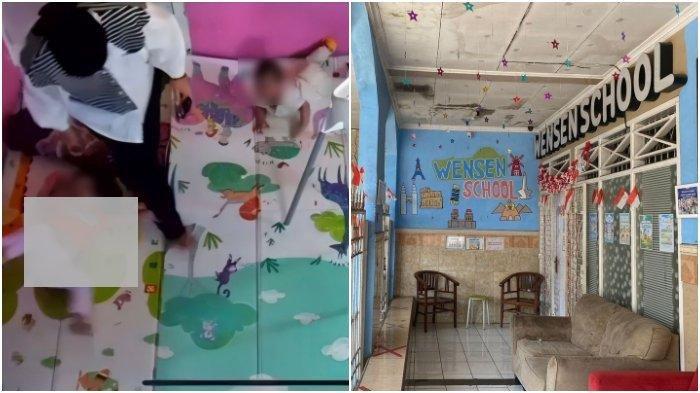(Kiri) Rekaman CCTV yang memperhatikan pemilik daycare di Depok berinisial MI diduga menganiaya anak Rizki Dwi Utari (28), MK (2) dan (Kanan) Daycare di Harjamukti, Kota Depok, tempat yang diduga menganiaya batita dua tahun, Rabu (31/7/2024).