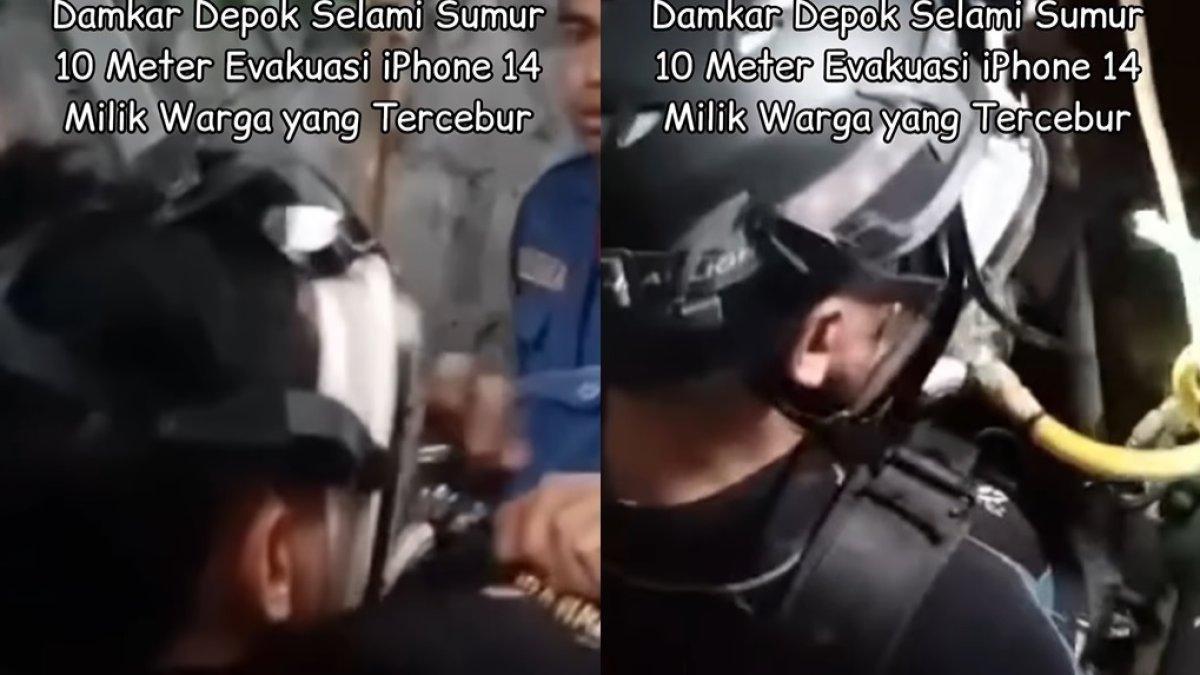 Damkar sedang bersiap untuk menyelam ke dalam sumur mengambil iPhone warga yang terjatuh.