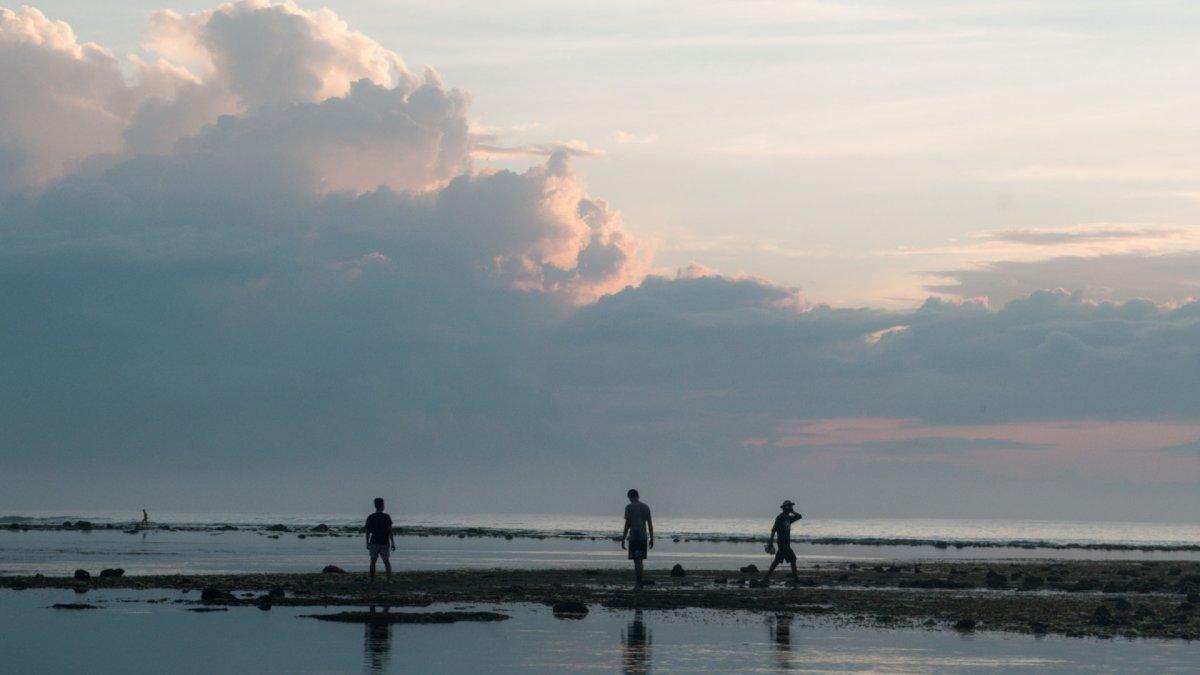 Wisatawan yang menikmati sunset di pantai.