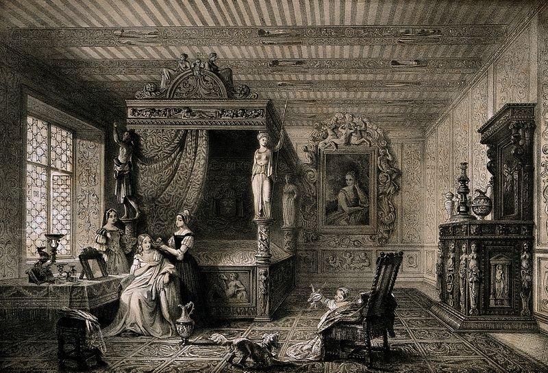 Diane de Poitiers, di kamar tidurnya di Chenonceaux, rambutnya ditata oleh asisten wanita.