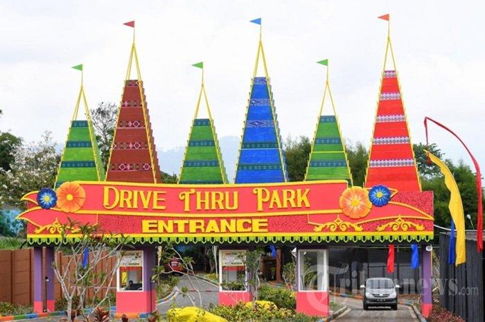 Wisatawan melintasi area wisata dunia fantasi dengan mobil listrik di layanan wahana wisata tanpa turun atau drive thru dengan nama