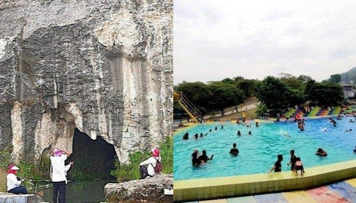 Pengunjung menikmati keindahan Goa Lalay di Kampung Bagogog, Desa Klapanunggal, Kecamatan Klapanunggal, Kabupaten Bogor, Jawa Barat, pada Sabtu (12/10/2024).