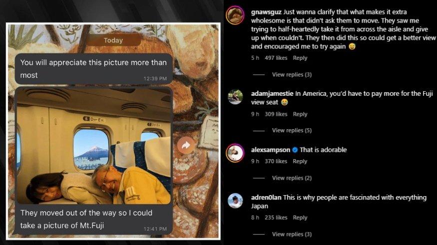 Sepasang suami istri menjadi viral setelah menunduk agar penumpang lain dapat memotret pemandangan Gunung Fuji dari dalam kereta.