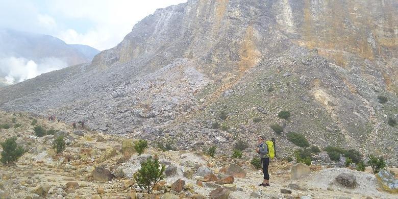 PENDAKIAN GUNUNG PAPANDAYAN - Tebing menjulang tinggi di sisi kanan ketika mulai memasuki daerah kawah Gunung Papandayan, Garut, Jawa Barat, Minggu (21/2/2016).