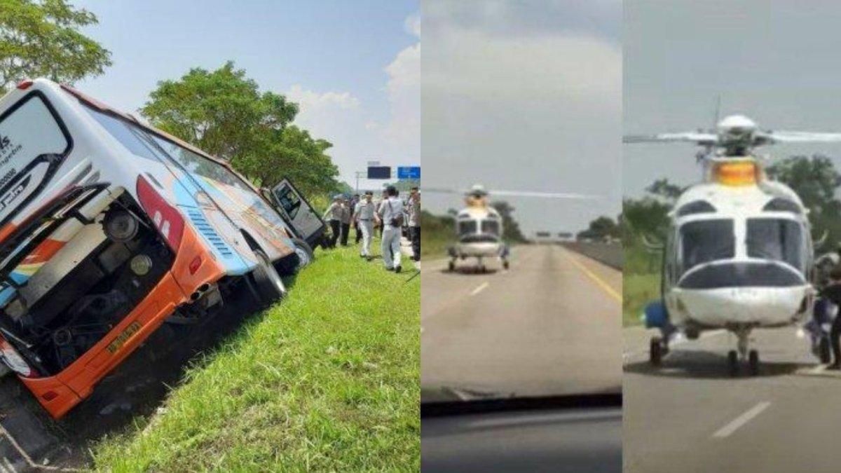 Helikopter turun tangan ikut evakuasi korban kecelakaan Bus Rosalia Indah, mendarat di jalan tol, pengguna jalan terkejut.