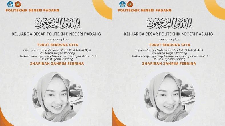 Zhafirah Zahrim Febrina atau Ife, korban erupsi Gunung Marapi yang video minta tolongnya sempat viral, meninggal dunia setelah dirawat di Rumah Sakit Umum Pusat (RSUP) M Djamil Padang, Sumatera Barat pada Minggu (17/12/2023).
