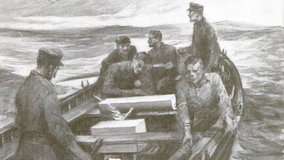 Ilustrasi dari esai Theron W. Bean tentang penyintas tenggelamnya SS Dumaru , yang muncul di Popular Science edisi 1919.