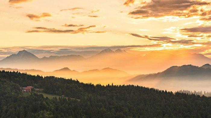 Ilustrasi pemandangan sunrise dari atas bukit.