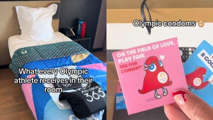 Isi barang-barang untuk atlet Olimpiade Paris 2024 yang sudah tersedia di dalam kamar. Olimpiade Paris 2024 membagikan ribuan kondom menggemaskan dengan merek Olimpiade.