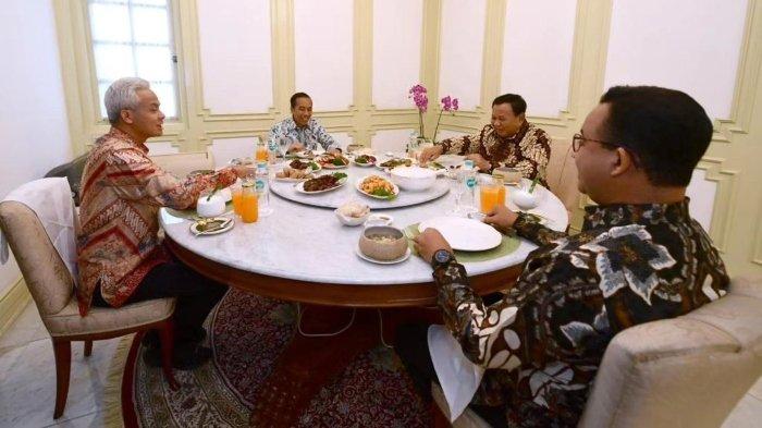 Momen Presiden Jokowi mengundang Prabowo Subianto, Ganjar Pranowo, dan Anies Baswedan yang merupakan tiga bakal calon presiden (capres) untuk menghadiri undangan makan siang di Istana Merdeka Jakarta pada Senin (30/10/2023).