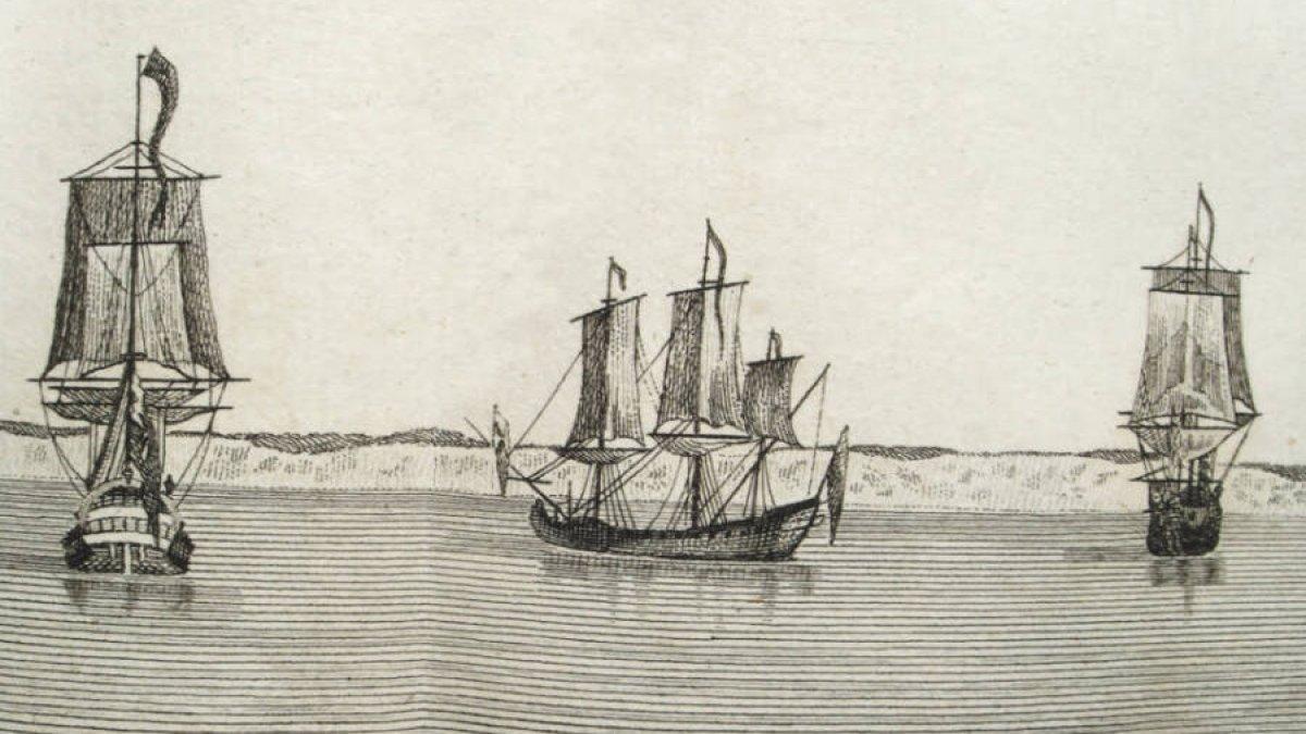 Kapal George Anson HMS Centurion , HMS Wager , dan HMS Pearl pada tahun 1741.
