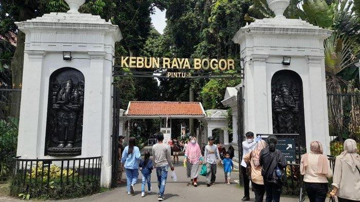 Wisatawan memadati area pintu masuk 1 Kebun Raya Bogor untuk berlibur, Sabtu (1/1/2022).