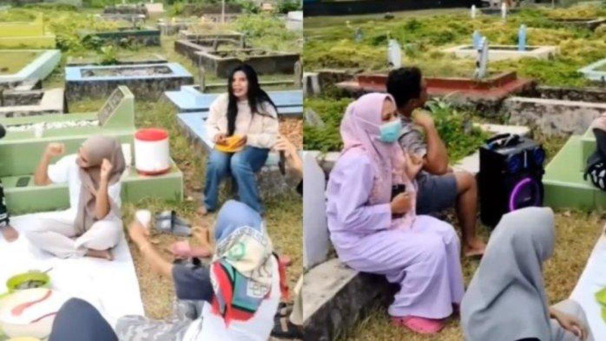 Kelakuan emak-emak yang piknik di kuburan yang viral.