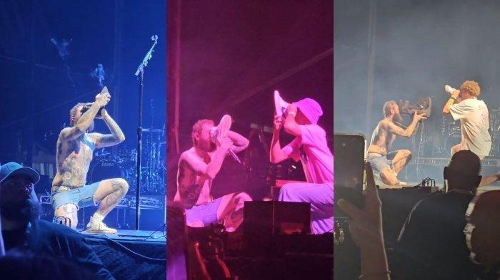 Kolase foto Post Malone ketika meminum air dari sepatu. Video viral di medsos, seorang penyanyi rapper nekat minum air dari sepatu selama tujuh kali, yang bikin penonton mual dan jijik.