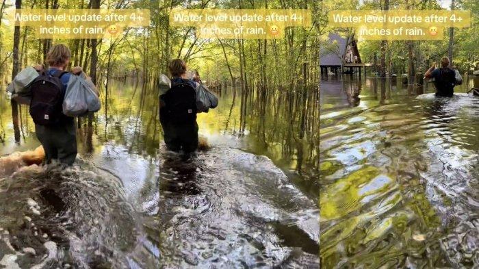Kolase foto cerita wanita dan suaminya membuang sampah dengan menyeberangi sungai penuh buaya.