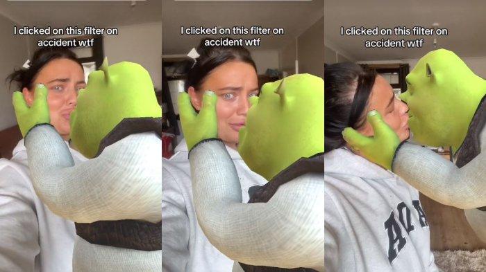 Kolase foto ciuman dengan Shrek di filter terbaru TikTok. Viral di TikTok ada filter baru seolah sedang ciuman dengan Shrek, bikin orang-orang ingat pacar dan mantan?