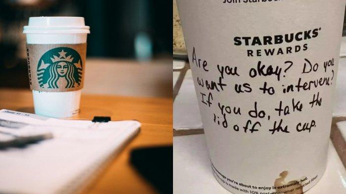 Kolase foto gelas minuman Starbucks. Seorang barista Starbucks berhasil menyelamatkan remaja 18 tahun dengan cara yang unik menggunakan gelas kopi berisi sebuah pesan.