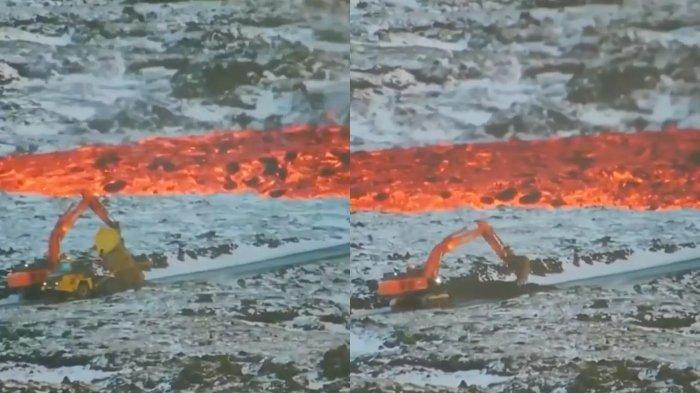 Kolase foto pekerja alat berat mencoba menghentikan aliran lahar gunung meletus di Islandia.