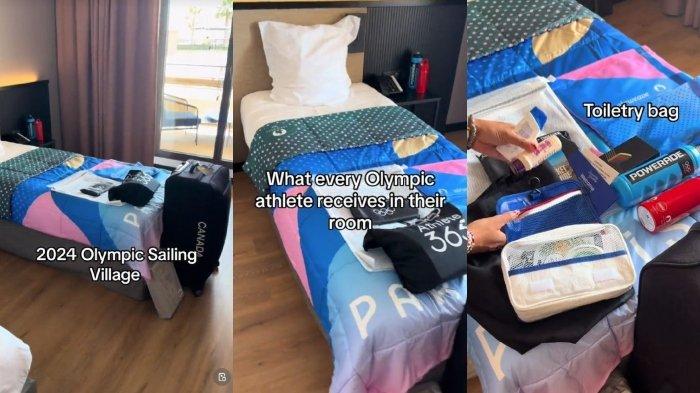 Kolase foto penampakan kamar atlet dalam Olimpiade Paris 2024. Olimpiade Paris 2024 membagikan ribuan kondom menggemaskan dengan merek Olimpiade.