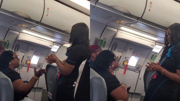 Kolase foto wanita yang berdebat dengan awak kabin pesawat Frontier Airlines.