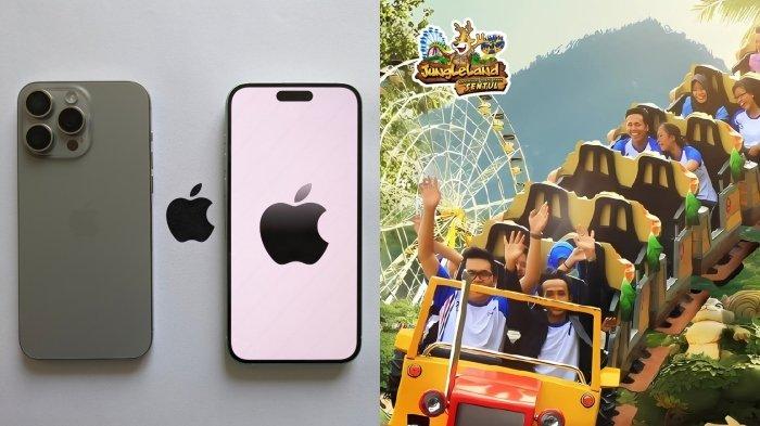 Kolase potret iPhone 15 pro max dan wahana roller coaster di JungleLand Adventure Theme Park Bogor, Jawa Barat.